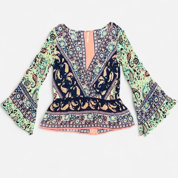 Free People Rosalie Mint Green & Peachy Orange Paisley Bell Sleeve Faux Wrap Top - Picture 6 of 8